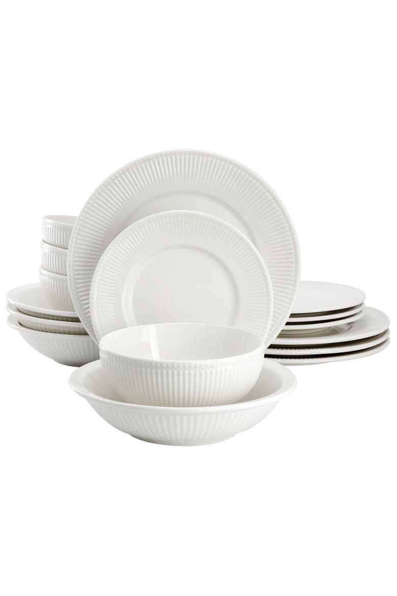 Kate 16 Piece Textu Trim Double Bowl Porcelain Dinnerware Set, Main, color, White