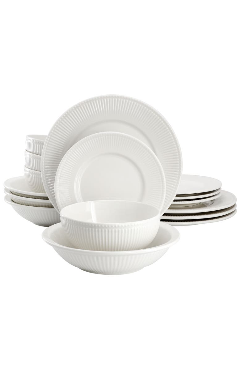 Elama Kate 16 Piece Textu Trim Double Bowl Porcelain Dinnerware Set, Main, color, White