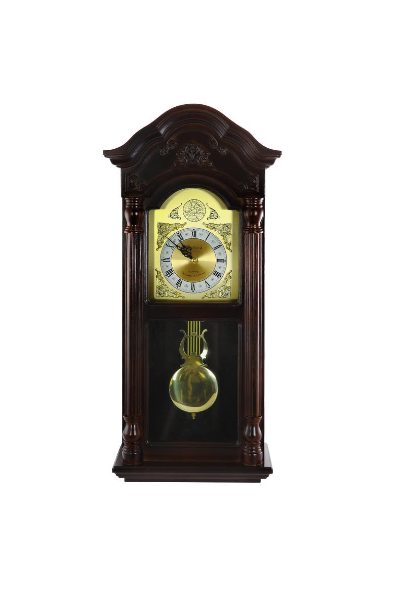 25.5in Antique Chiming Wall Clock with Roman Numerals, Alternate, color, Cherry Oak