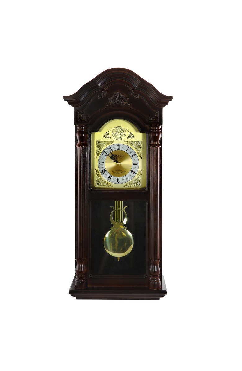 Bedford Clock Collection 25.5in Antique Chiming Wall Clock with Roman Numerals, Alternate, color, Cherry Oak