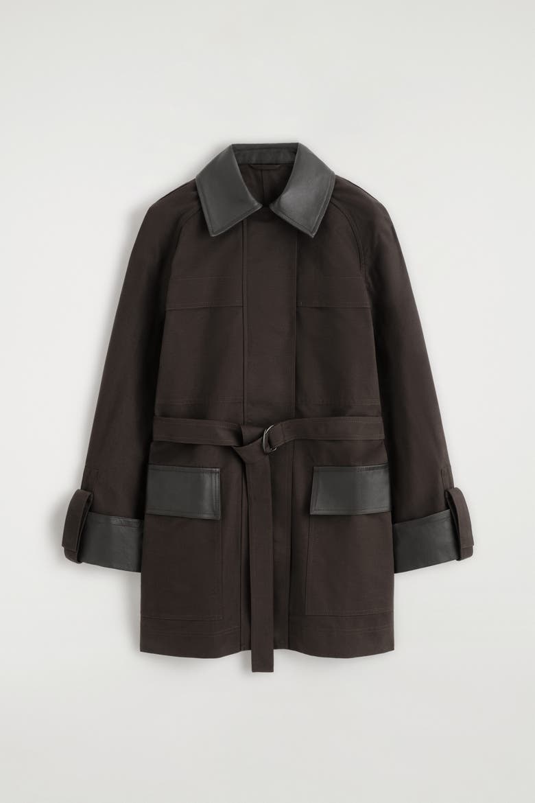 Leather-Trimmed Cotton Field Coat, Alternate, color, BROWN