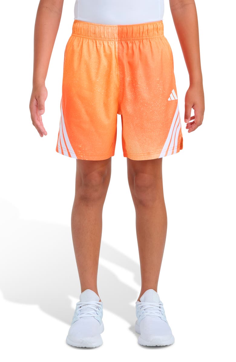 adidas Kids' 3-Stripes Spray Painted Stretch Twill Shorts, Alternate, color, Medium Orange