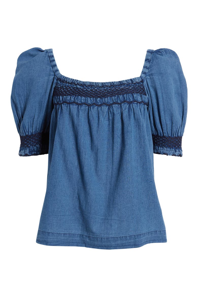 Presley Embroidered Detail Cotton Chambray Top, Alternate, color, DARK INDIGO WASH