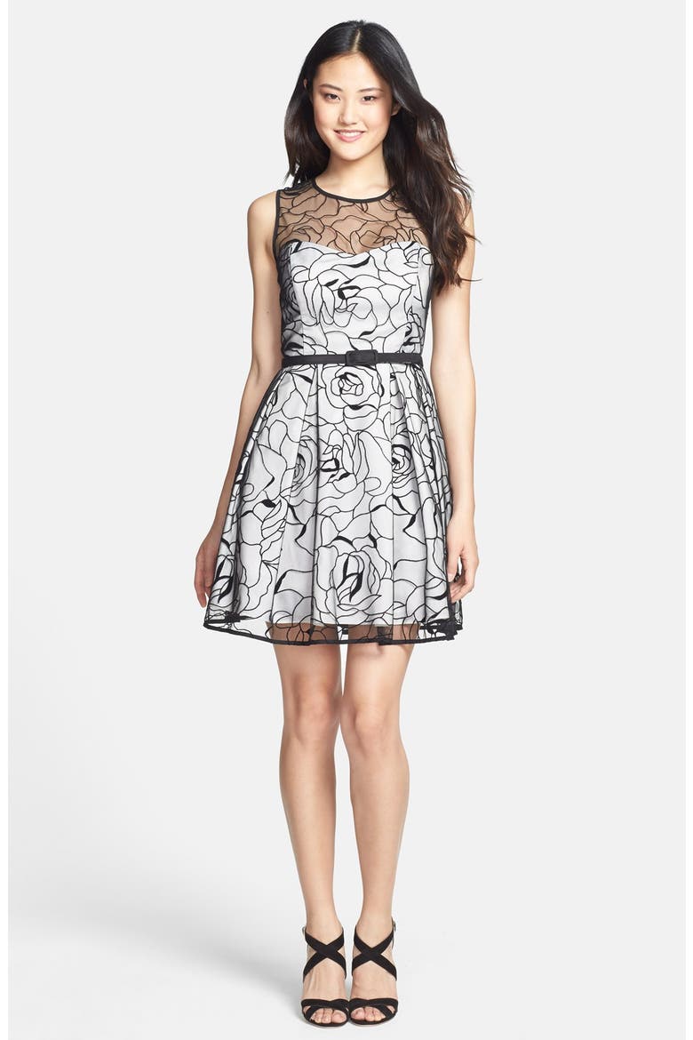Floral Embroidered Mesh Overlay Fit & Flare Dress, Alternate, color, GREY