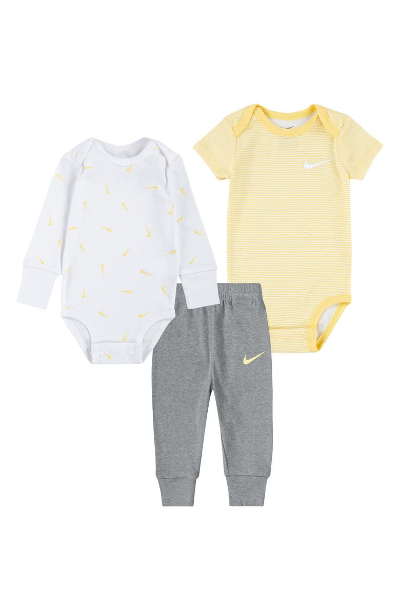 Nike Essentials 2-Pack Bodysuits & Joggers Set, Main, color, Dark Grey Heather/ Soft Yellow