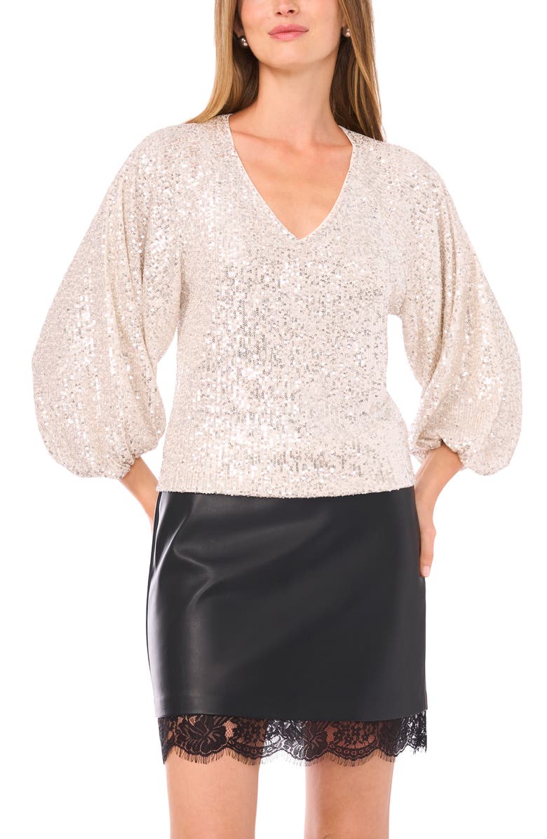 Vince Camuto Sequin Balloon Sleeve Top, Main, color, Silver