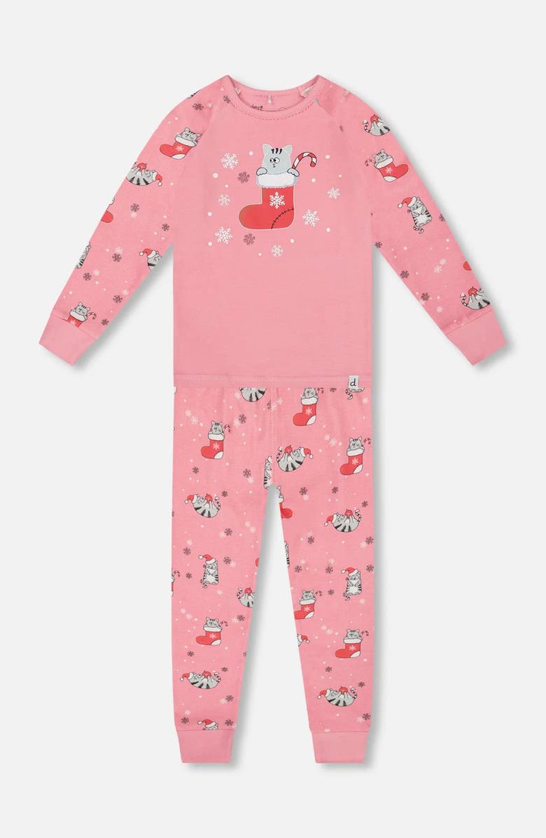 Deux par Deux Organic Cotton Two-Piece Pajamas Cat, Main, color, Pink