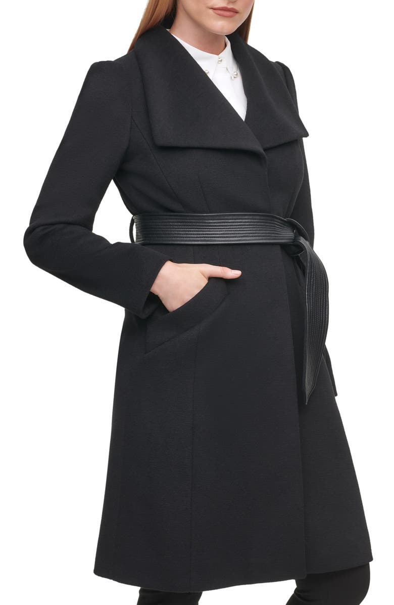 KARL LAGERFELD PARIS Puff Sleeve Belted Coat, Alternate, color, Black
