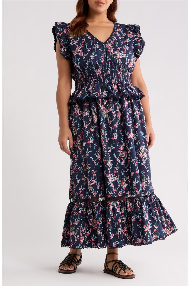 Floral Flutter Sleeve Peplum Maxi Dress, Main, color, NAVY LILIBET FLORAL