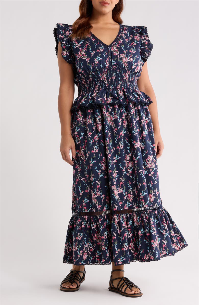 Treasure & Bond Floral Flutter Sleeve Peplum Maxi Dress, Main, color, Navy Lilibet Floral