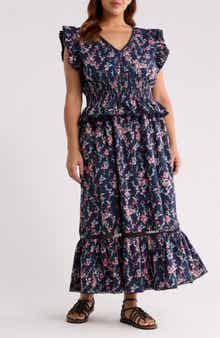 Floral Flutter Sleeve Peplum Maxi Dress