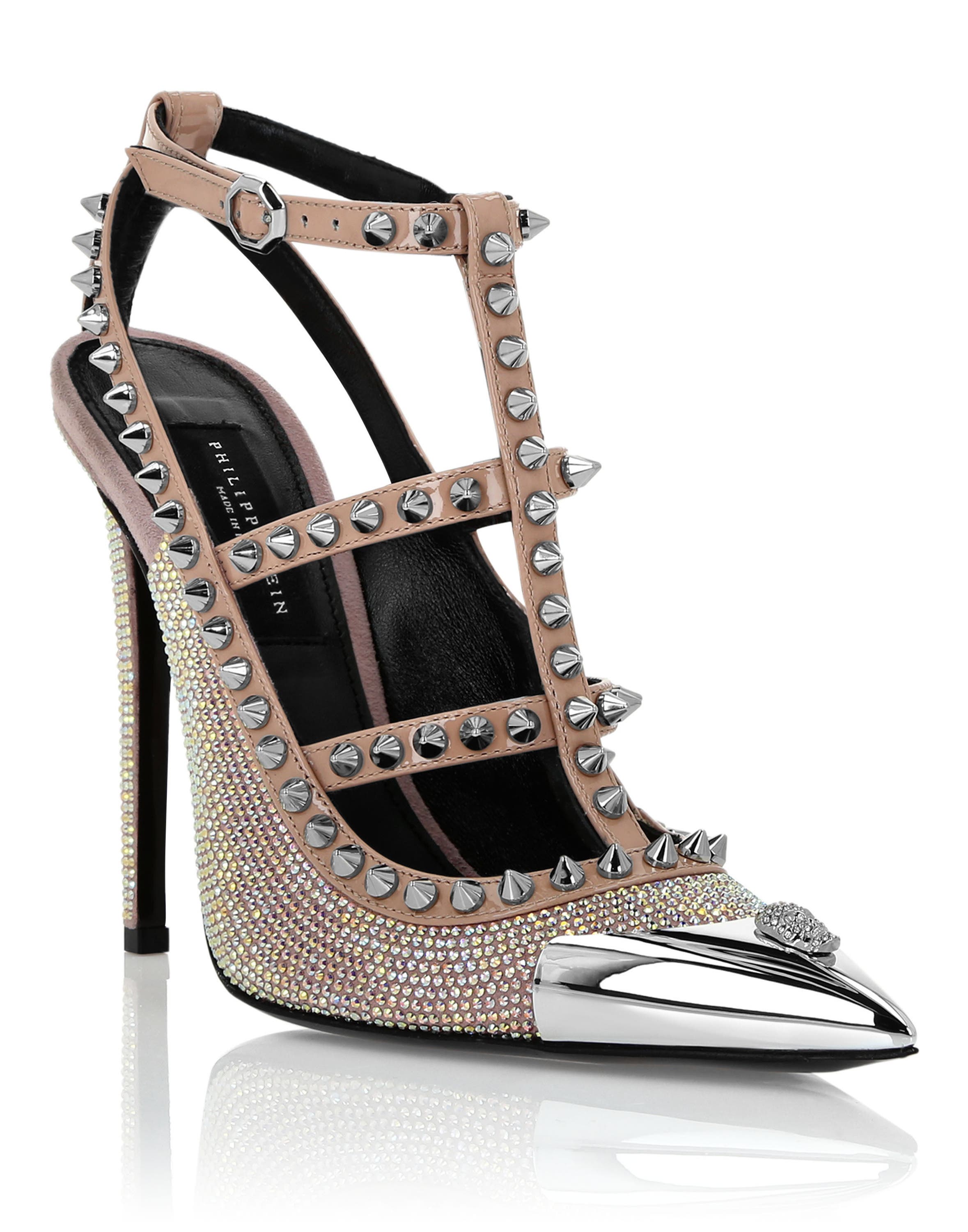 Leather Strass Sandals High Heels Studs Women, Main, color, nudepink