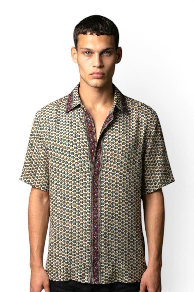 Embossed Botanical Short Sleeve Crepe Shirt, Main, color, Forest plum