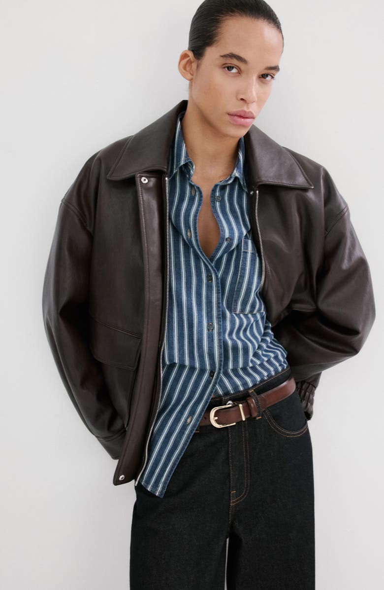 MANGO Stripe Oversize Denim Shirt, Alternate, color, Blue