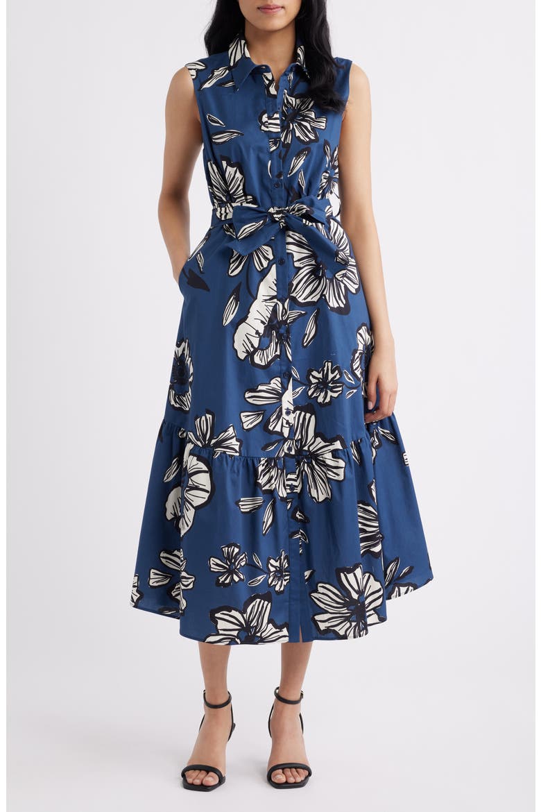 Floral Tie Belt Cotton Midi Shirtdress, Main, color, NAVY