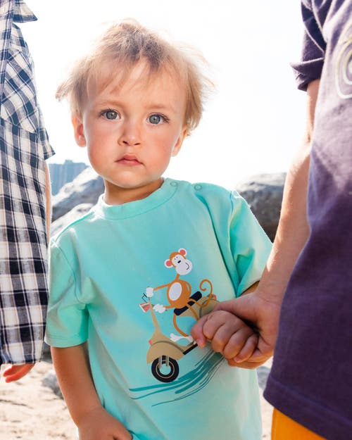 Deux Par Deux Baby Boy's Two-piece Top And Short Set Monkey On Navy And Turquoise Moped In Monkey On Navy And Turquoise