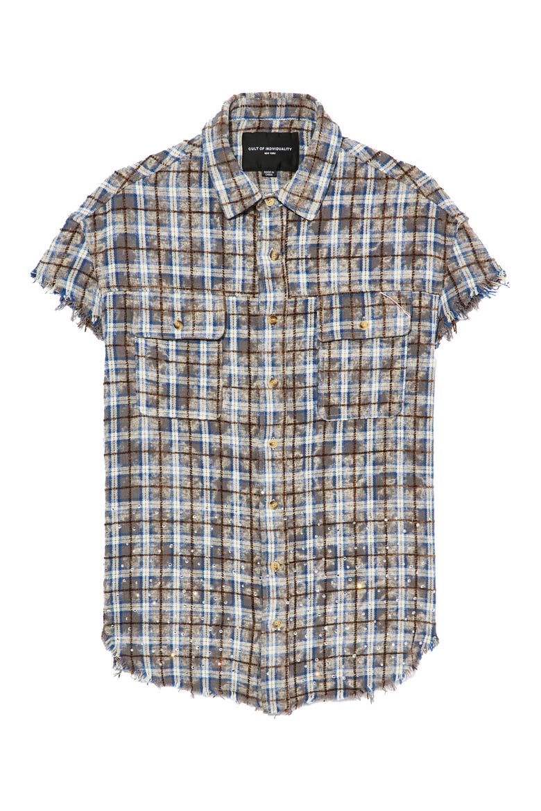 Plaid Short Sleeve Cotton Button-Up Shirt, Alternate, color, SKY BLUE