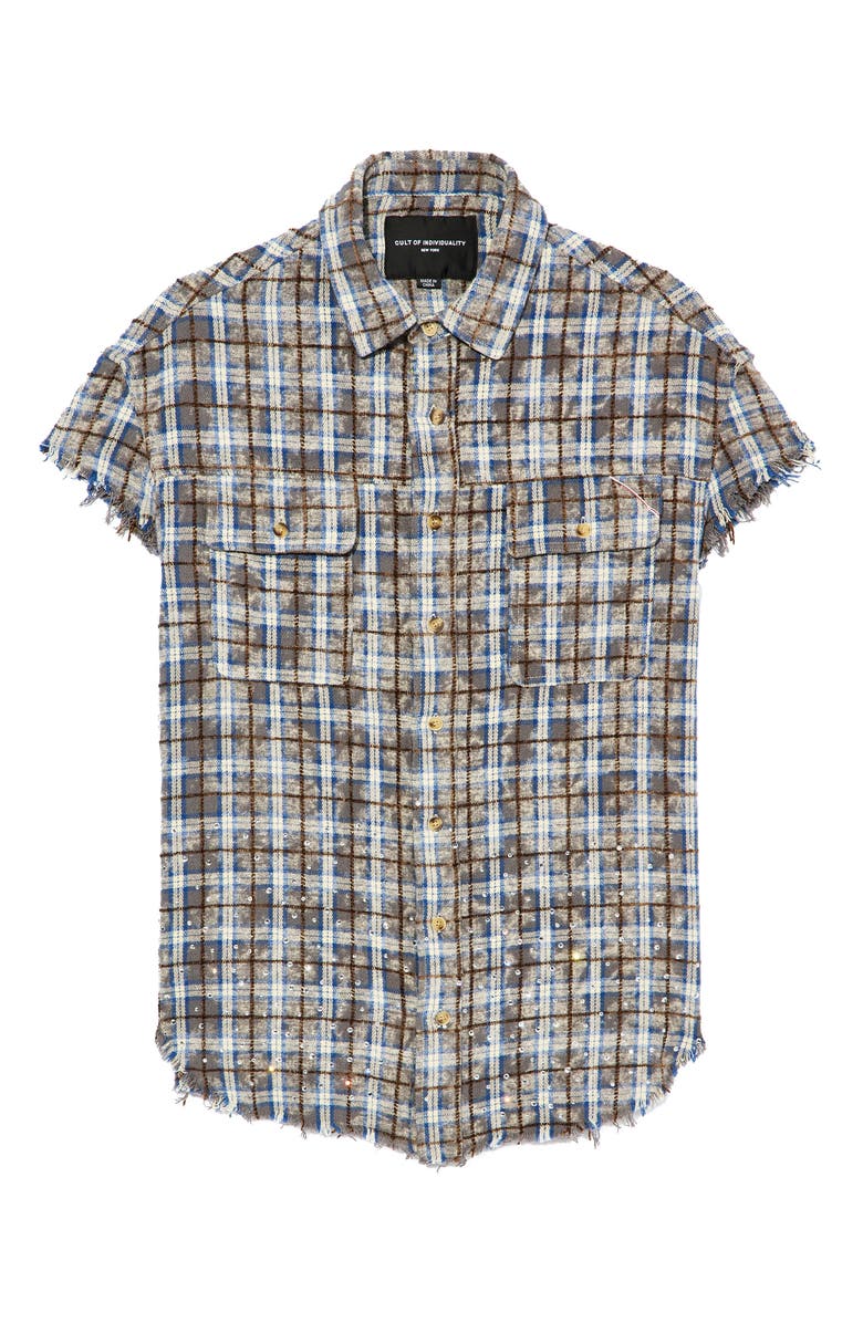Cult of Individuality Plaid Short Sleeve Cotton Button-Up Shirt, Alternate, color, Sky Blue