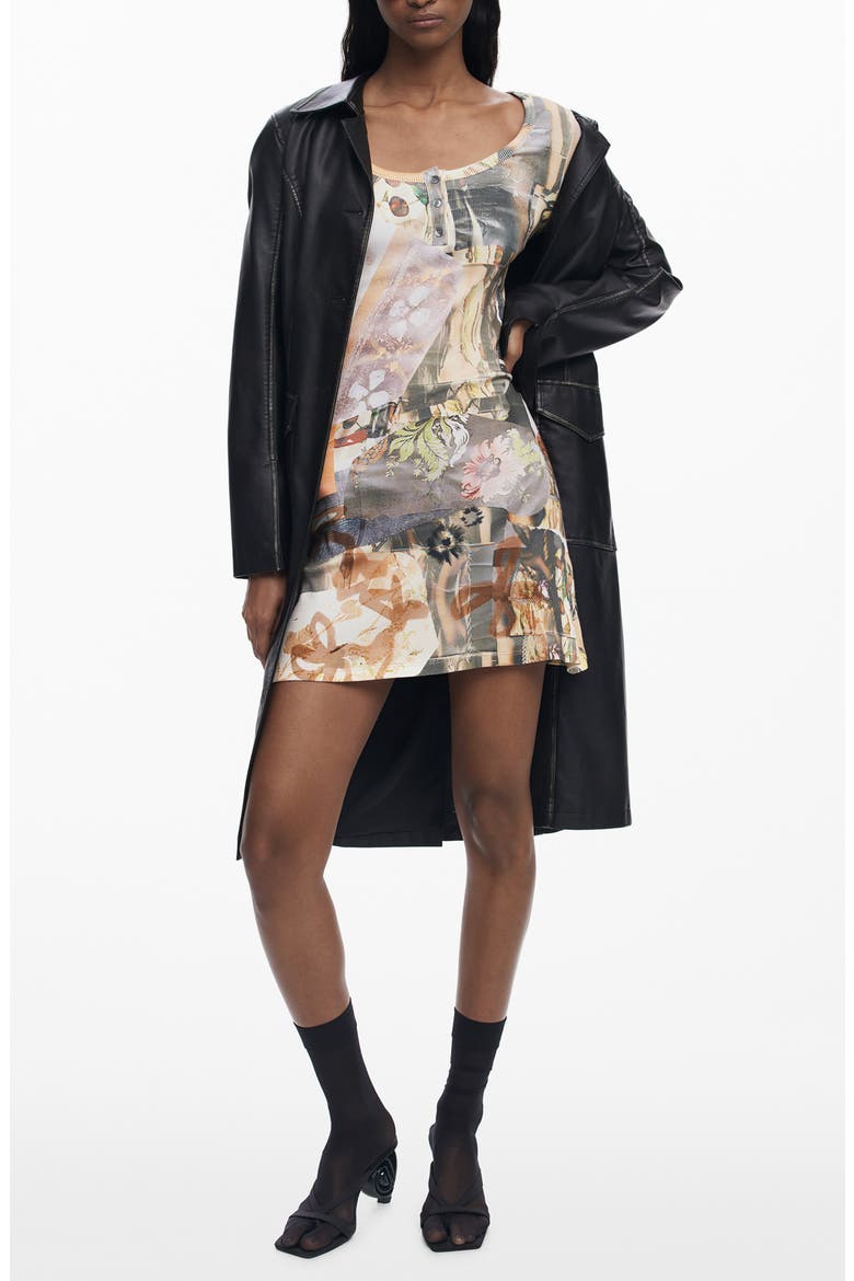 Printed Long Sleeve Stretch Cotton Rib Body-Con Minidress, Main, color, NEUTRAL GRAY