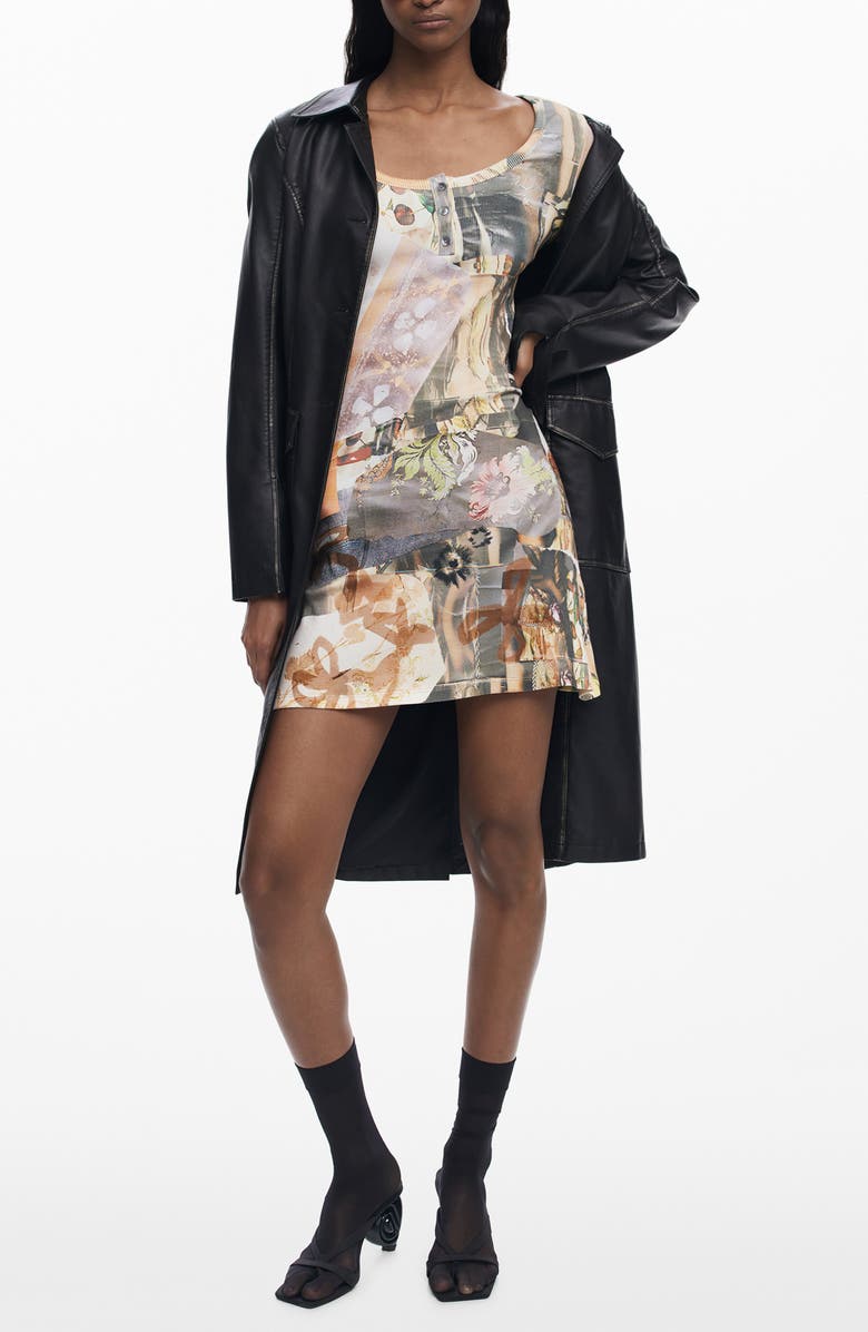 Desigual Printed Long Sleeve Stretch Cotton Rib Body-Con Minidress, Main, color, Neutral Gray