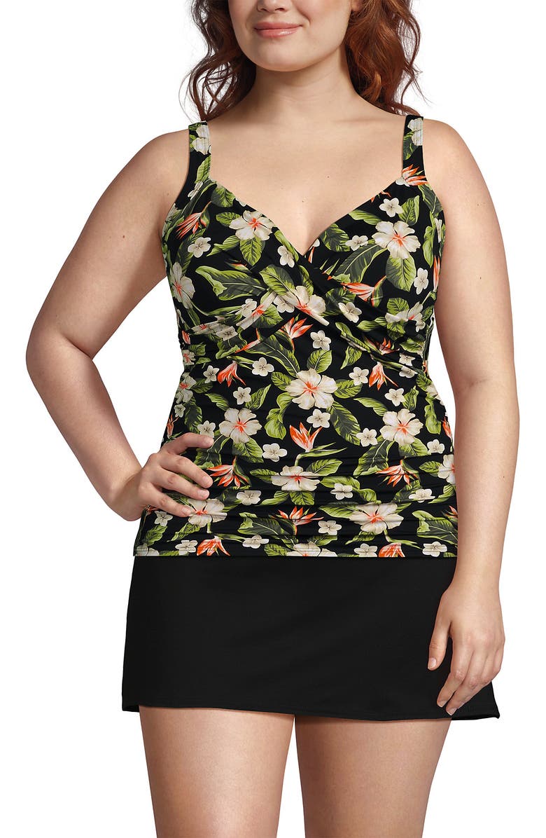 Lands' End Plus Size DDD-Cup Sweetheart Wrap Underwire Tankini Top, Main, color, Hibiscus Floral/Black