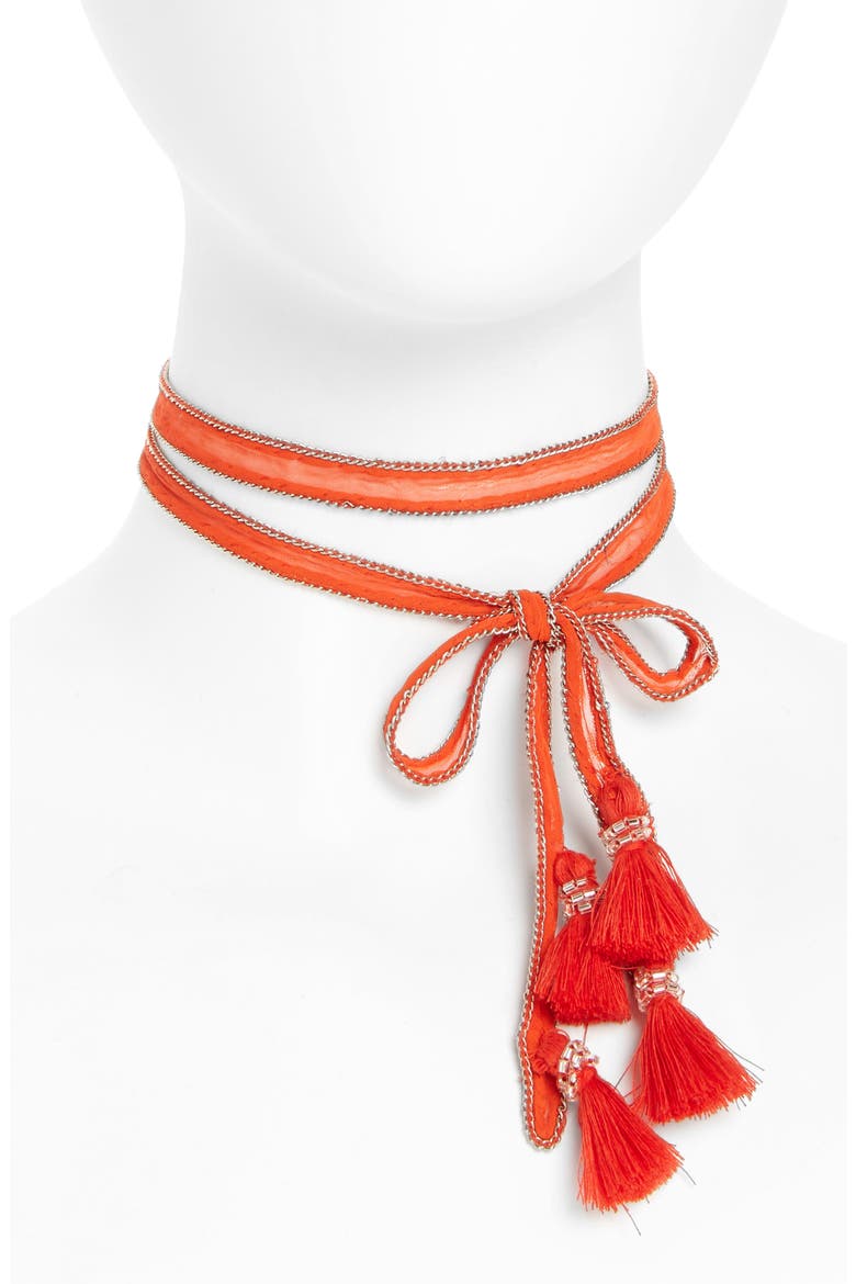 Chiffon Tie Necklace, Main, color, POINCIANA/ SILVER
