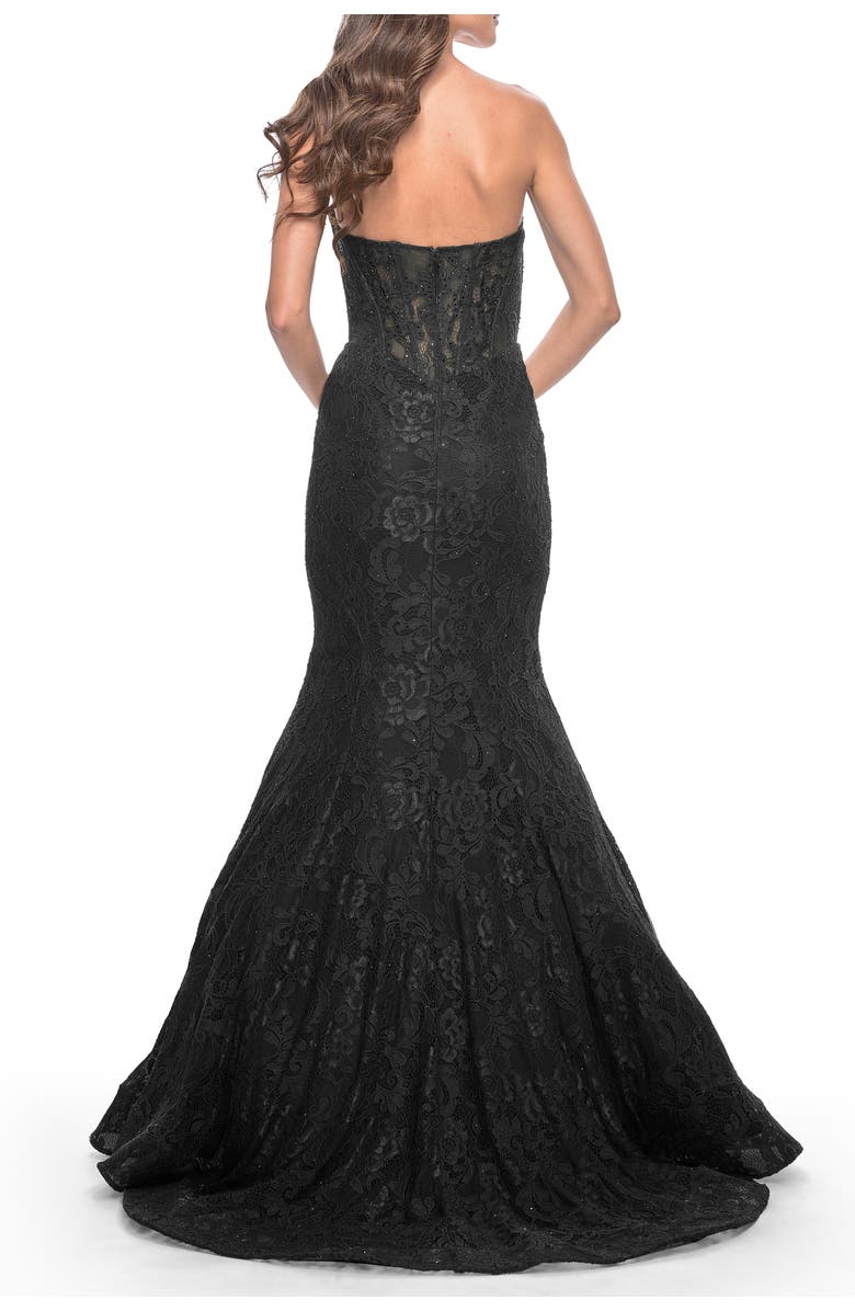 La Femme Mermaid Stretch Lace Dress with Bustier Top and Sheer Back, Alternate, color, Black