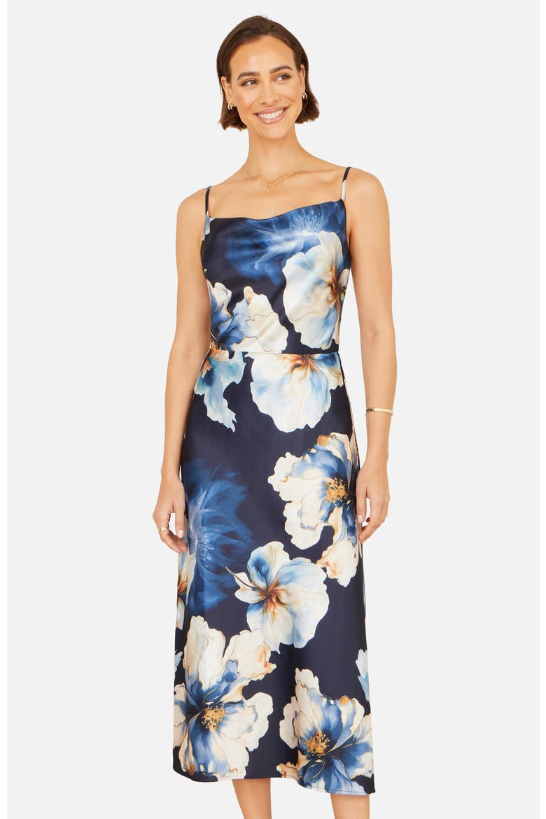 Cowl Neck Satin Floral Dress, Main, color, Navy