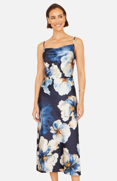 Cowl Neck Satin Floral Dress