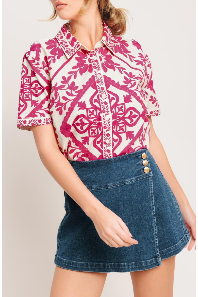 Floral Short Sleeve Button-Up Shirt, Alternate, color, IVORY FUCHSIA