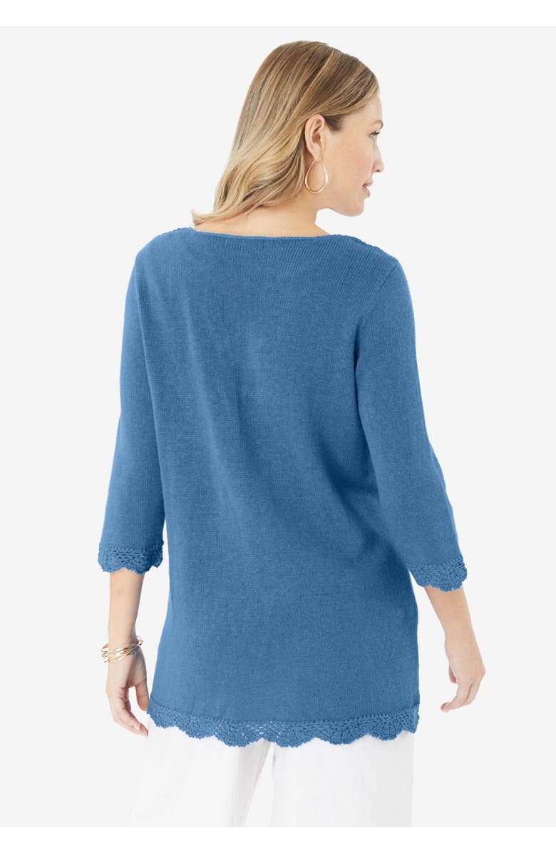 Roaman's Lace Knit Pullover Sweater, Alternate, color, Rich Brown