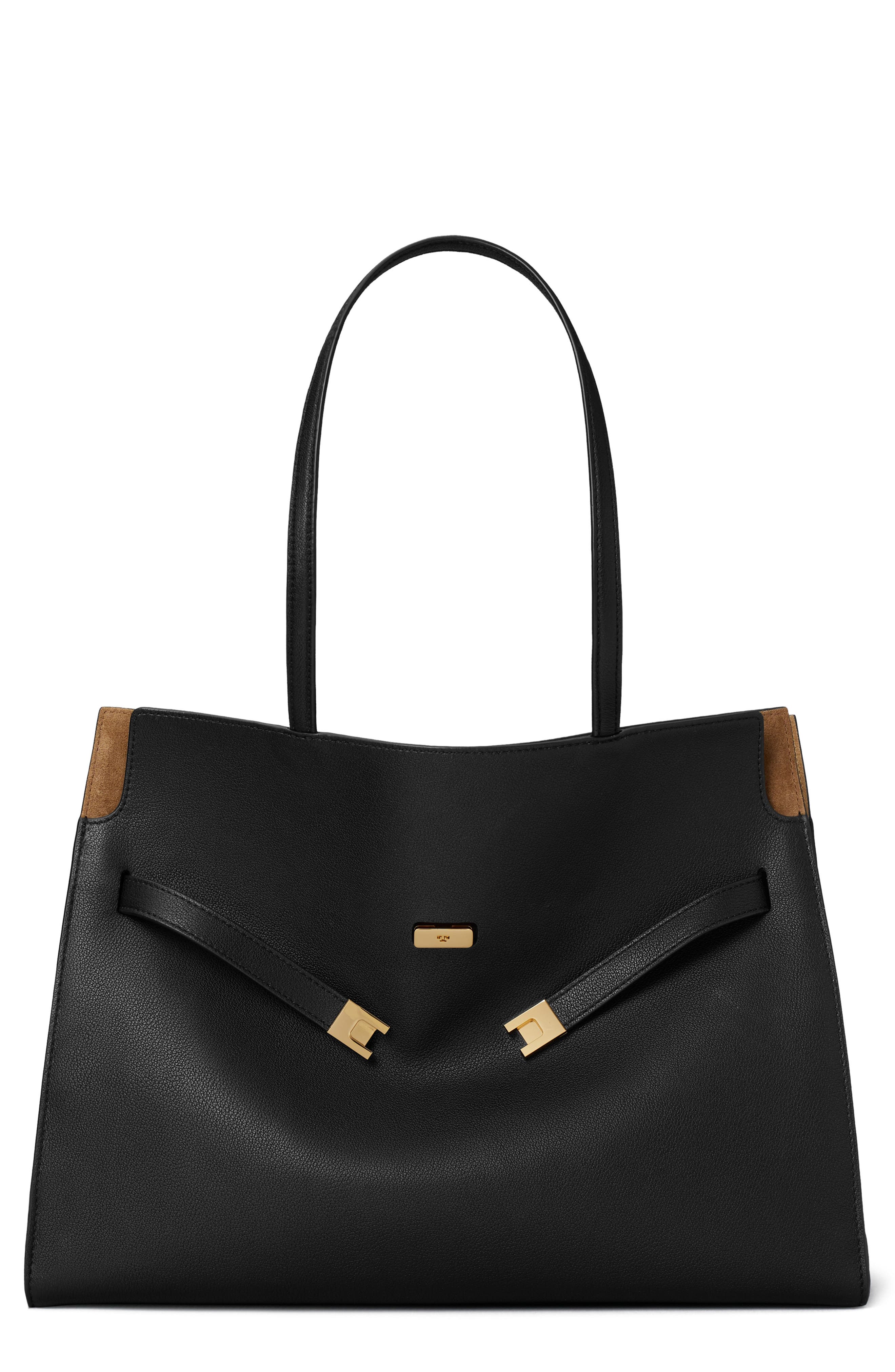 Tory Burch Lee Radziwill Leather Tote, Main, color, Black