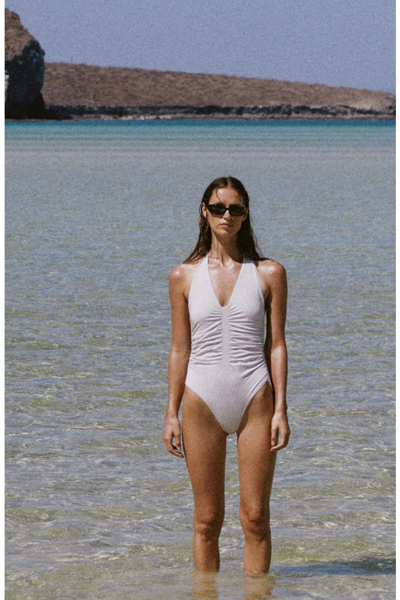 Ruched Halter One Piece Swimsuit, Alternate, color, LIGHT/ PASTEL GREY