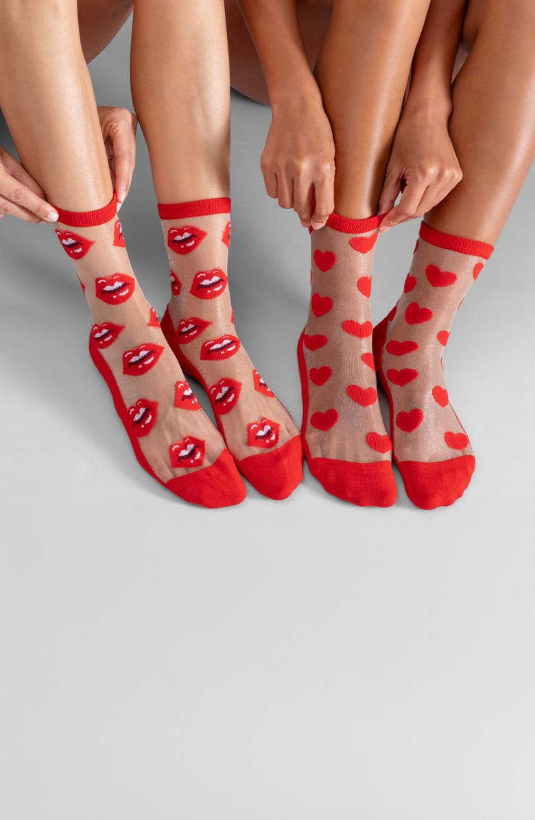 LECHERY<sup>®</sup> 2-Pack Hearts & Lips Sheer Crew Socks, Alternate, color, 