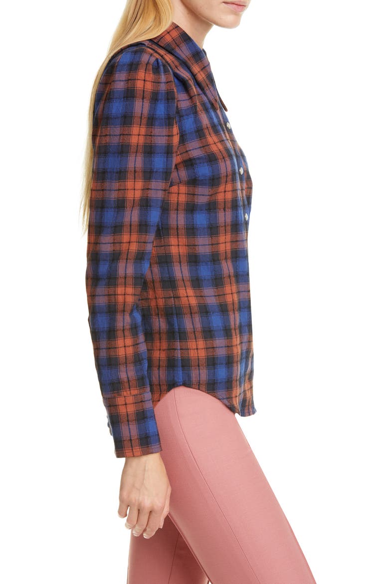 Puff Sleeve Plaid Flannel Shirt, Alternate, color, NAVY/ RUST PLAID