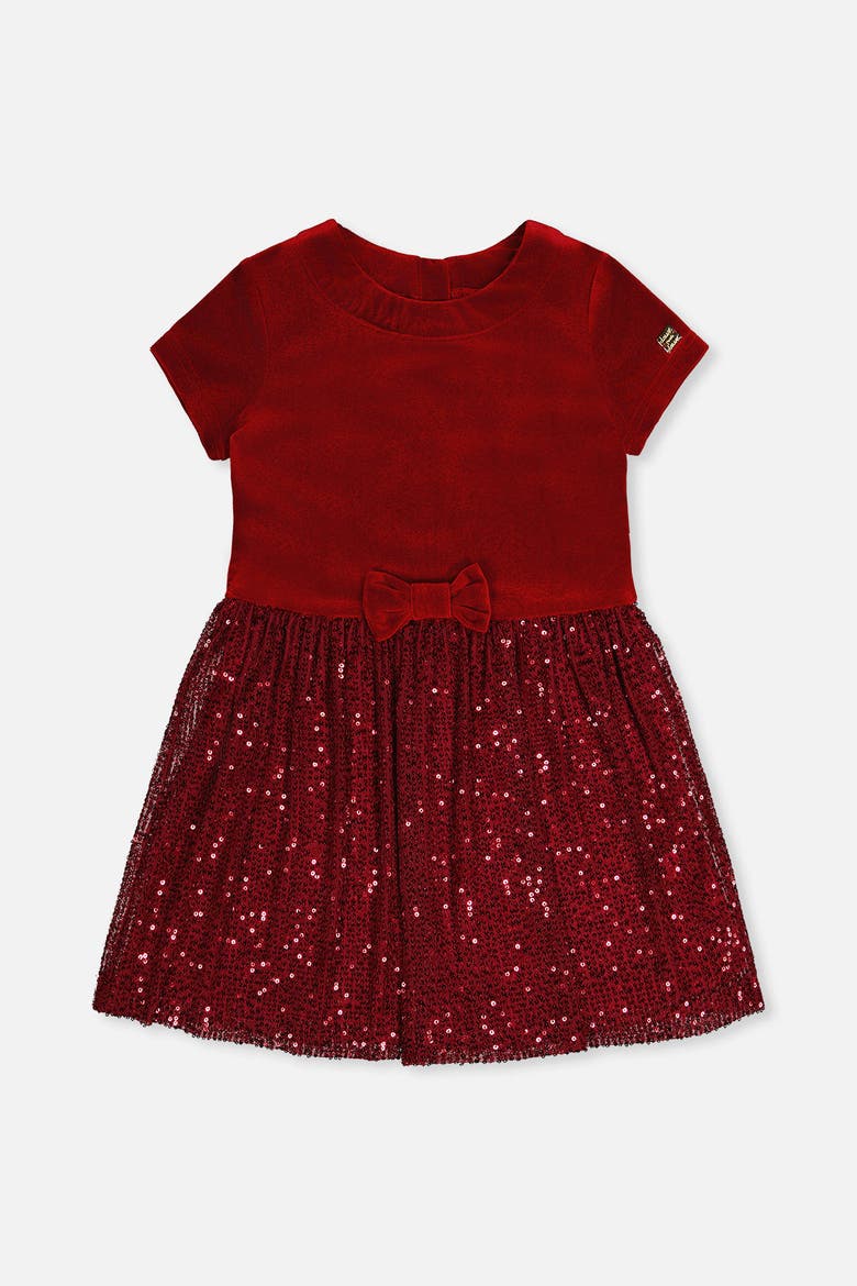 Bi-Material Short Sleeve Bow Belt Glittering Skirt Dress, Main, color, Rouge
