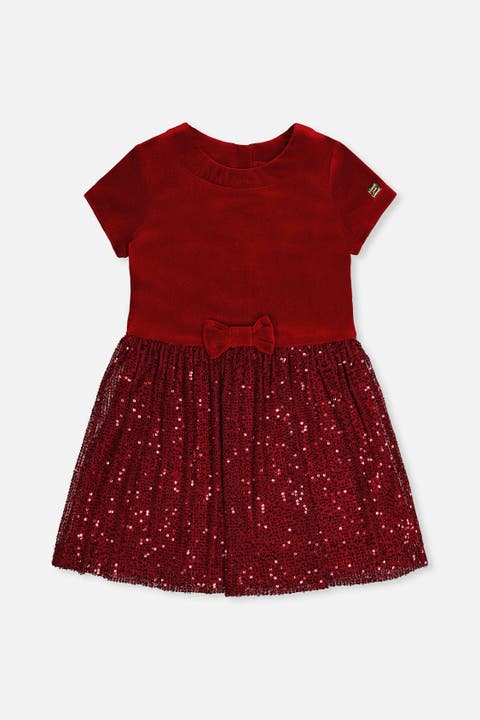 Bi-Material Short Sleeve Bow Belt Glittering Skirt Dress