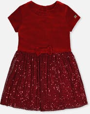 Deux par Deux Bi-Material Short Sleeve Bow Belt Glittering Skirt Dress
