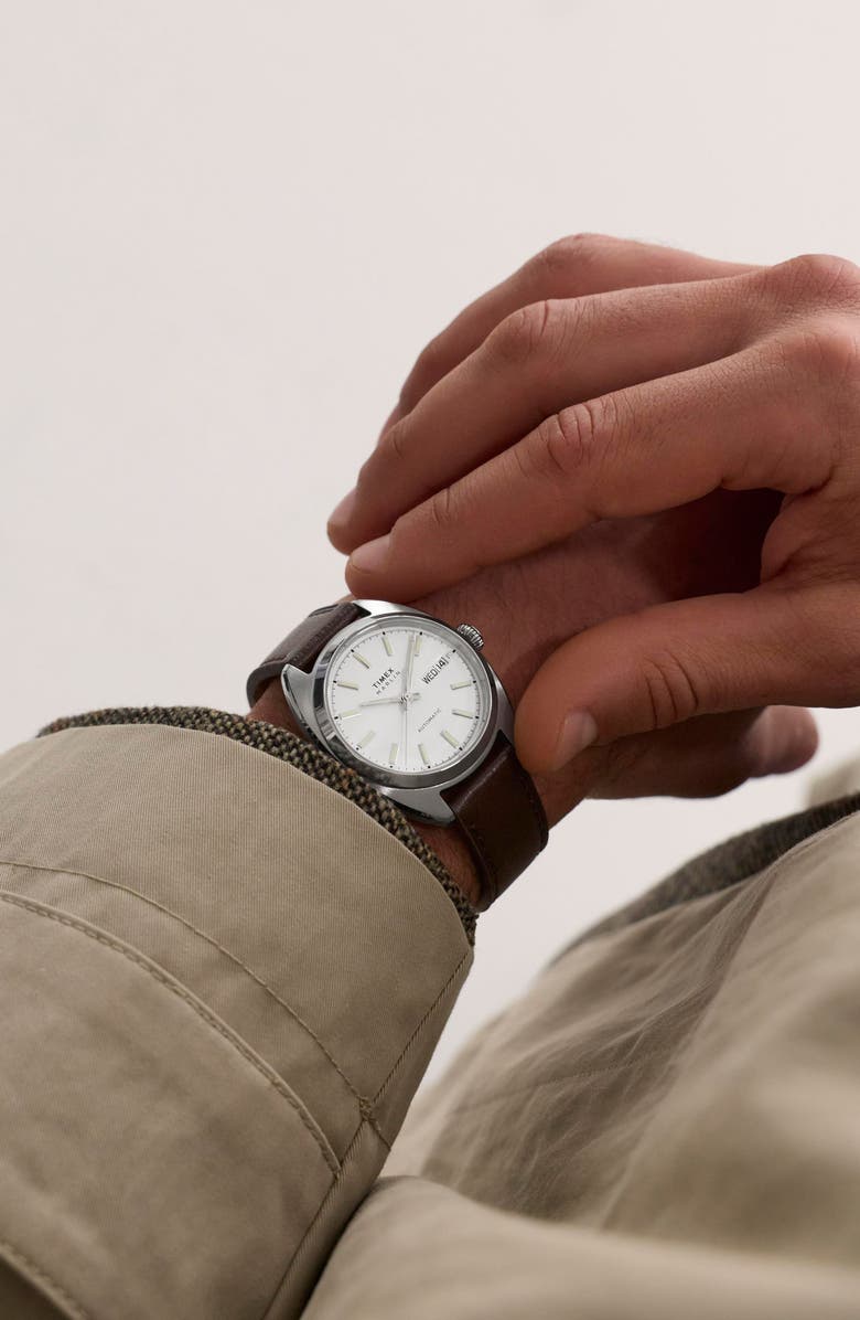 Timex<sup>®</sup> Marlin<sup>®</sup> Draper Automatic Leather Strap Watch, 37mm x 43mm, Alternate, color, Stainless Steel