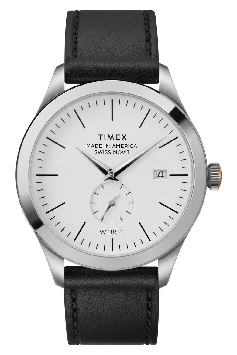 American Documentation Leather Strap Watch, 41mm, Main, color, BLACK/ WHITE/ SILVER