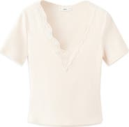 MANGO Lace Trim Rib Knit Crop Top