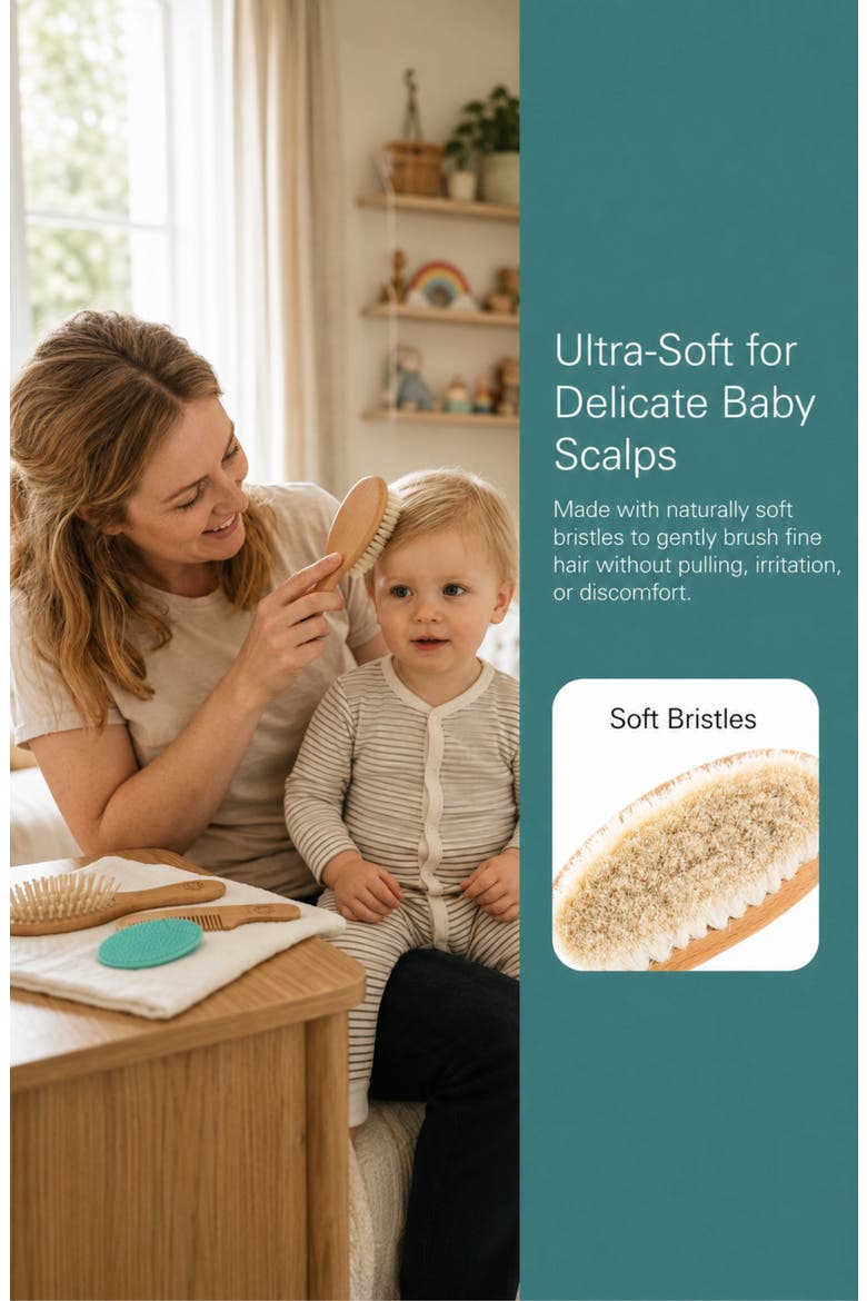 Wooden Baby Hair Brush with Soft Bristle and Comb Set, Alternate, color, Blue