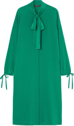 Marina Rinaldi Norel Tie Neck Long Sleeve Silk Midi Shift Dress