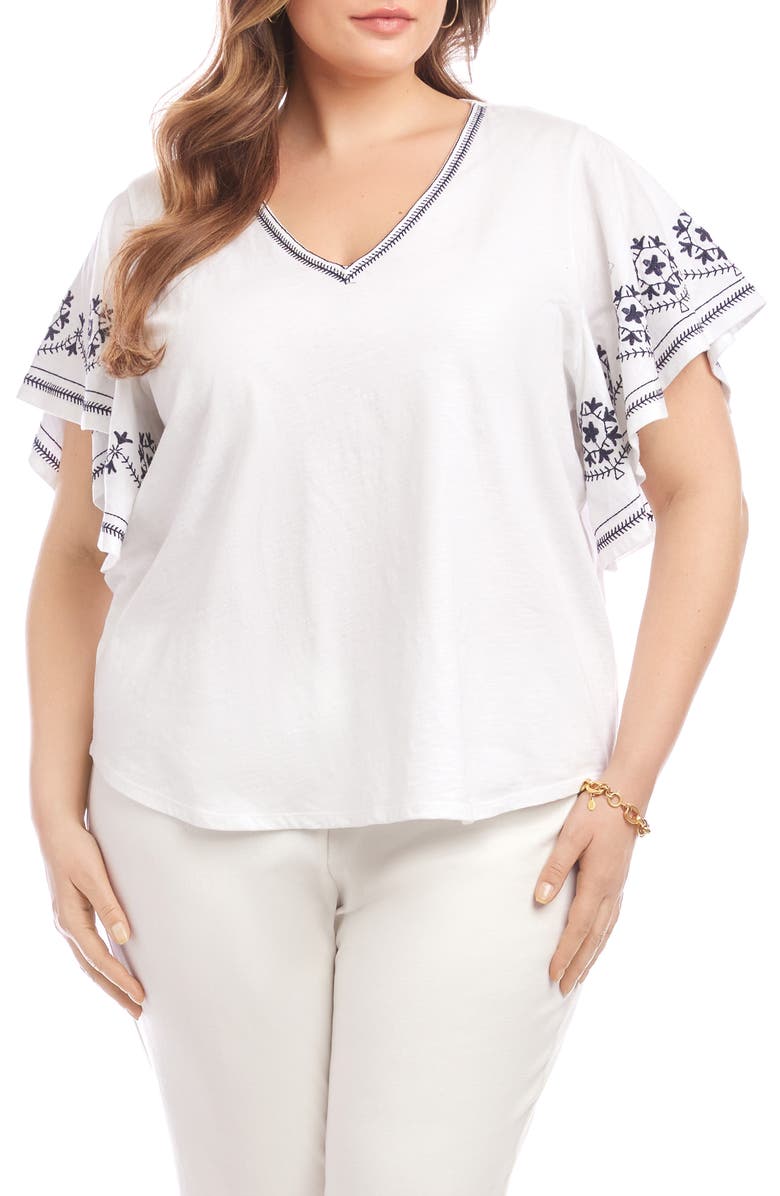 Karen Kane Embroidered Flutter Sleeve Organic Cotton Top, Main, color, Off White