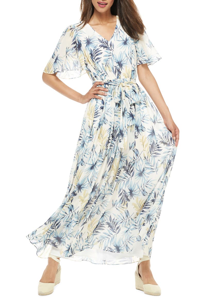 Kiki Leaf Print Chiffon Maxi Dress, Main, color, BLUE/ GOLD