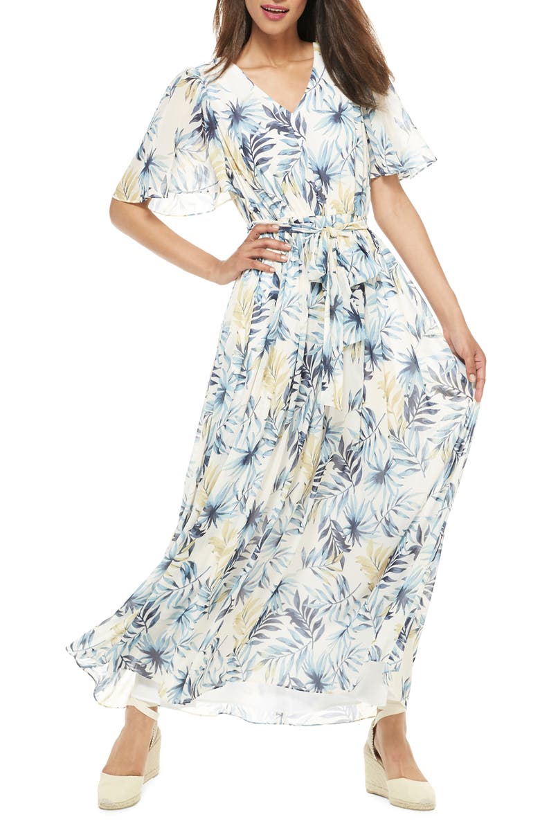 Gal Meets Glam Collection Kiki Leaf Print Chiffon Maxi Dress, Main, color, 
