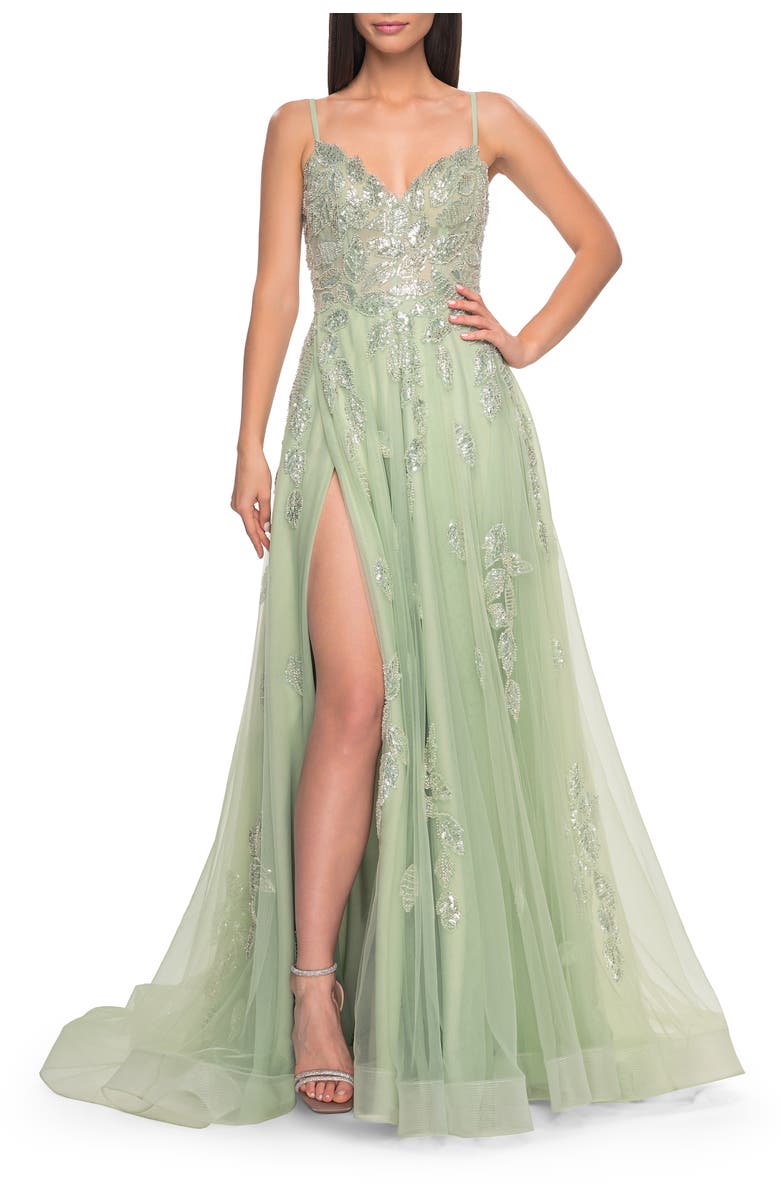 La Femme Two Tone Tulle A-Line Prom Dress with Floral Beaded Detail, Alternate, color, Sage