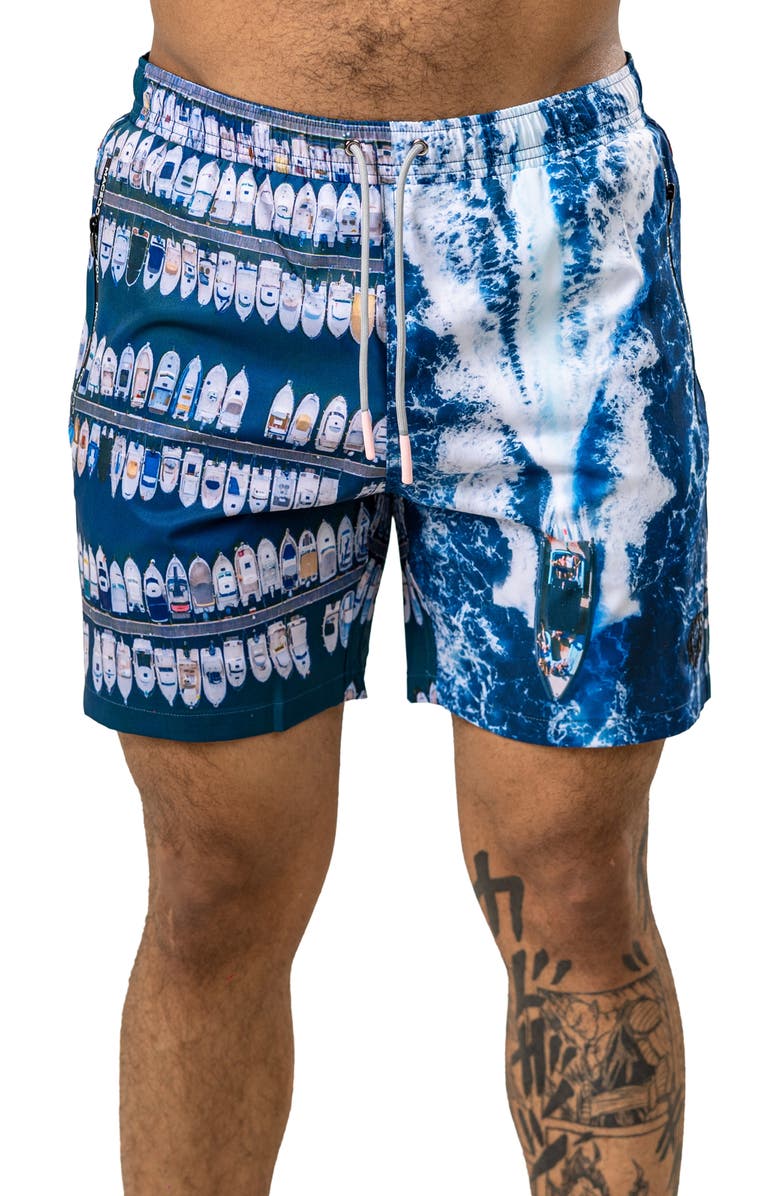 Maceoo Swim Marthyr Print Swim Trunks, Main, color, Blue