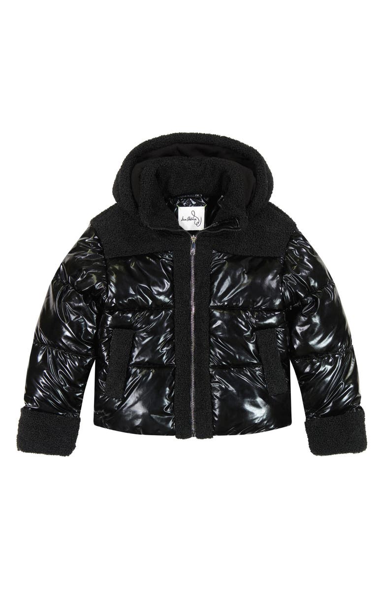 Sam Edelman Kids' Hybrid Metallic Faux Shearling Trim Puffer Jacket, Main, color, Black