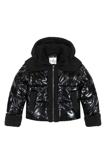 Sam Edelman Kids' Hybrid Metallic Faux Shearling Trim Puffer Jacket In Black